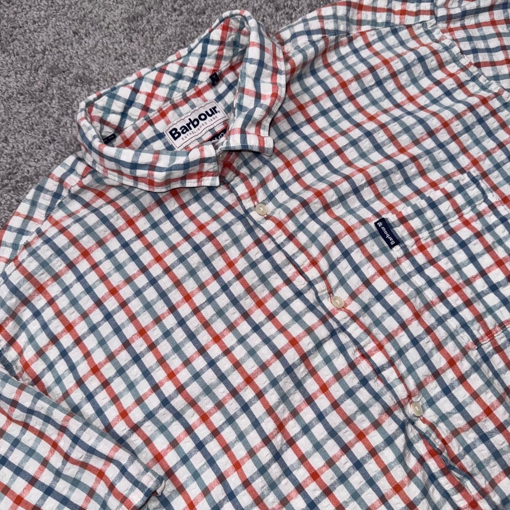 Barbour Seersucker Plaid Shirt Mens Short Sleeve Orange Blue XXL EXCELLENT